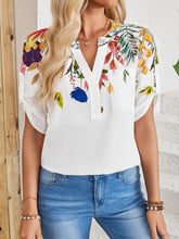 EMERY ROSE Ladies' Notch V-Neck Flower Printed Short Sleeve Shirt, Summer